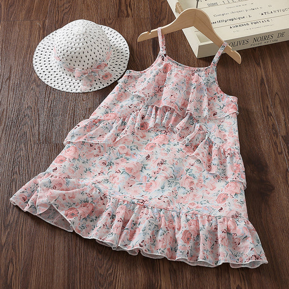 2pcs Toddler Girl Ruffle Floral Print Slip Dress and Starw Hat Set