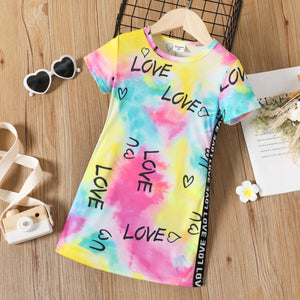 Toddler Girl Letter Print Tie Dyed Short-sleeve Tee Dress