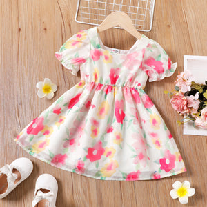 Toddler Girl Floral Print Square Neck Short-sleeve Chiffon Dress