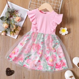 Toddler Girl Floral Print Mesh Design Splice Ruffled Sleeveless Pink Dress