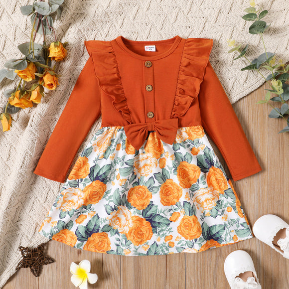 Toddler Girl Floral Print Splice Bowknot Button Design Ruffled Long-sleeve Dress