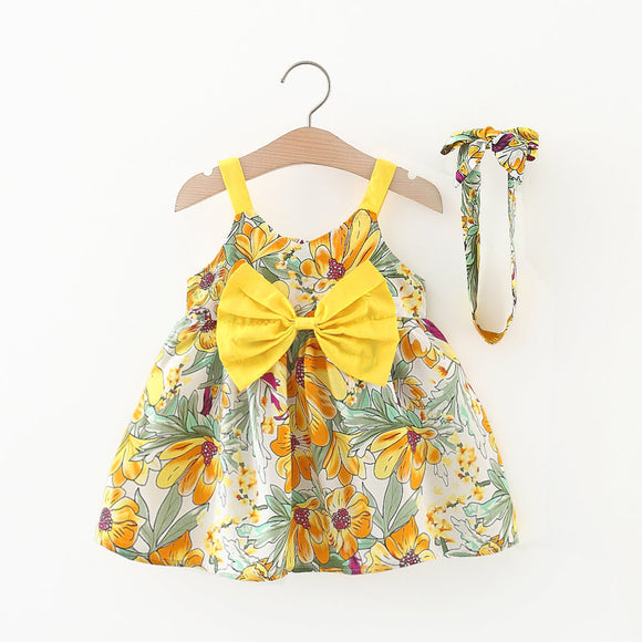 2pcs Toddler Girl Floral Print Bowknot Design Cami Dress and Headband Set