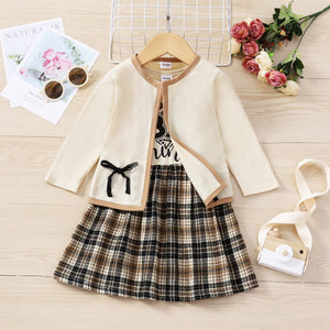 2pcs Toddler Girl Letter Print Plaid Splice Sleeveless Dress and Bowknot Design Long-sleeve Cardigan Set