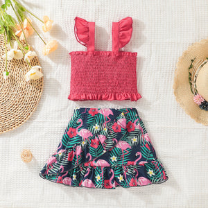 2pcs Toddler Girl Ruffled Smocked Pink Camisole and Floral Flamingo Print Skirt Set