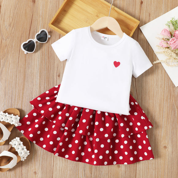 2pcs Toddler Girl Heart Print Short-sleeve White Tee and Polka dots Red Skirt Seta dots Layered Skirt Set