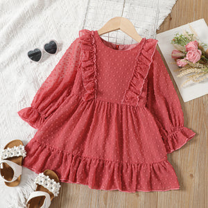 Toddler Girl Dotted Swiss Ruffled Long-sleeve Red Dress