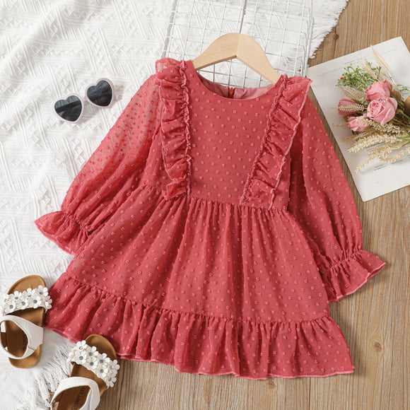 Toddler Girl Dotted Swiss Ruffled Long-sleeve Red Dress