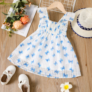 Toddler Girl Butterfly Print Ruffled Smocked Mesh Sleeveless Dress