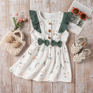 Toddler Girl 100% Cotton Floral Print Ruffled Bowknot Design Sleeveless Dress