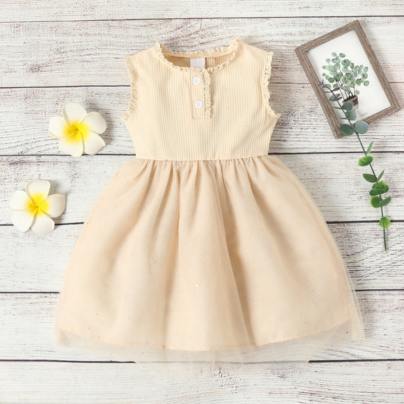 Toddler Girl Button Lace Mesh Design Sleeveless Beige Dress