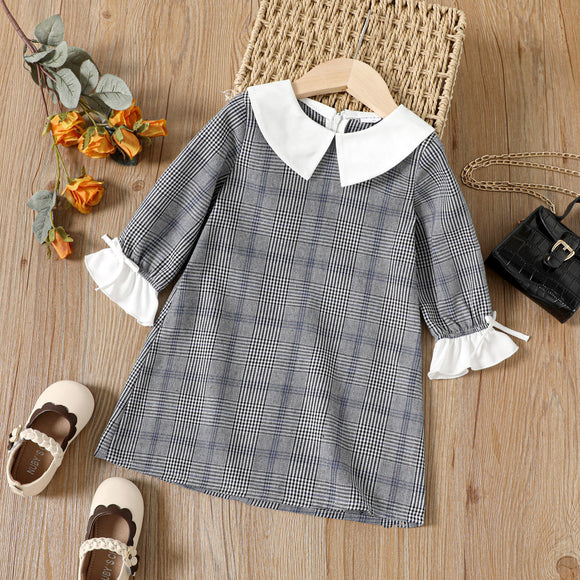 Toddler Plaid Print Doll Collar Bell sleeves Long-sleeve Dress