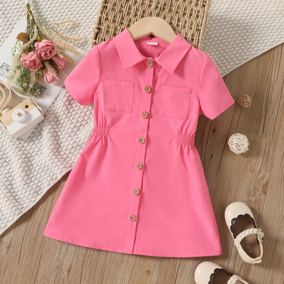 Toddler Girl Lapel Collar Button Design Short-sleeve Pink Dress