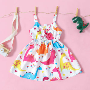 Toddler Girl Colorful Dinosaur Print Bowknot Design Cut Out Slip Dress