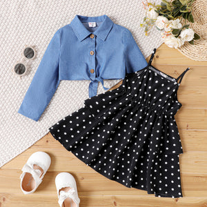 2pcs Toddler Girl Polka dots Layered Slip Dress and Tie Knot Denim Cardigan Set