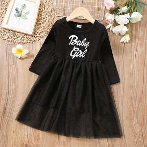 Toddler Girl Letter Print Mesh Splice Long-sleeve Black Dress