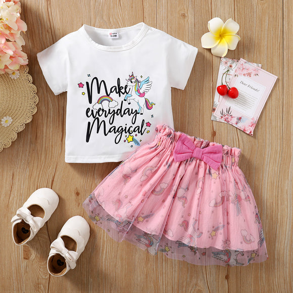 2pcs Toddler Girl Letter Unicorn Rainbow Print Short-sleeve White Tee and Bowknot Mesh Design Pink Skirt Set