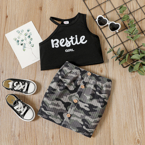 2pcs Toddler Girl Letter Print One Shoulder Black Camisole and Button Design Camouflage Print Skirt Set