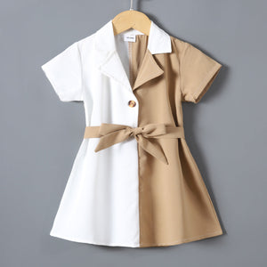 Toddler Girl Colorblock Splice Lapel Collar Button Design Belted Short-sleeve Dress