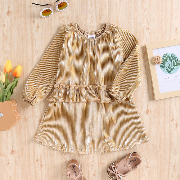 Toddler Girl Faux-two Ruffled Ribbed Metallic Long-sleeve Gold Dress