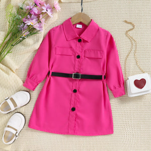 Toddler Girl Lapel Collar Button Design Belted Hot Pink Dress