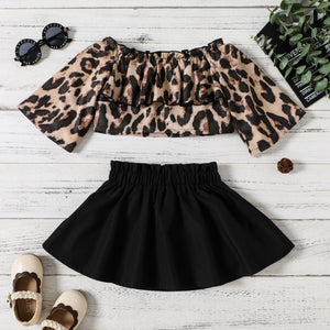 2pcs Toddler Girl Leopard Print Flounce Off Shoulder 3/4 Sleeve Blouse and Black Skirt Set