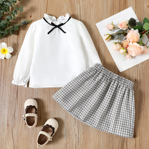 2pcs Toddler Girl Bowknot Design Ruffle Collar Long-sleeve White Blouse and Plaid Skirt Set