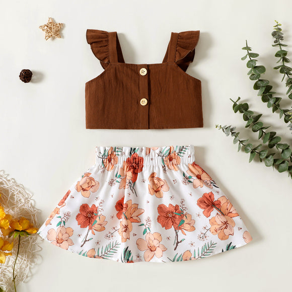 2pcs Toddler Girl Button Design Ruffled Brown Camisole and Floral Print Skirt Set