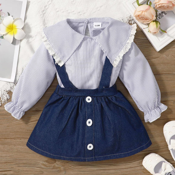 2pcs Toddler Girl Statement Collar Stripe Long-sleeve Blouse and Suspender Denim Skirt Set