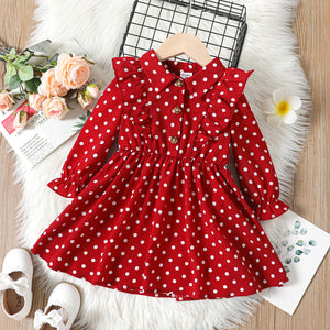 Toddler Girl Polka Dots Lapel Collar Long-sleeve Red Dress