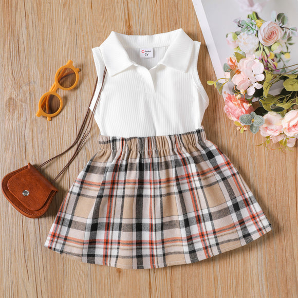 2pcs Toddler Girl Lapel Collar Sleeveless White Tee and Plaid Shorts Set