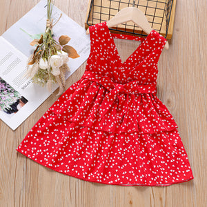 Toddler Girl Heart Print V Neck Belted Sleeveless Red Dress