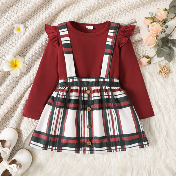 2pcs Toddler Girl Ruffled Long-sleeve Burgundy Tee and Plaid Button Design Suspender Skirt Set