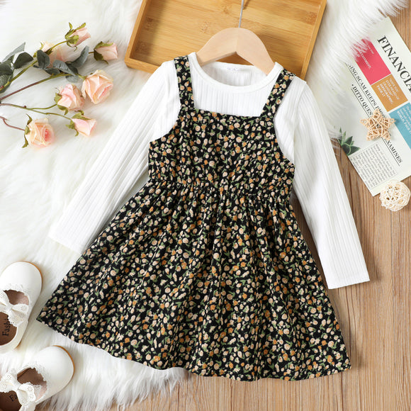 2-piece Toddler Girl Textured Solid Long-sleeve Top and Floral Allover Corduroy Sleeveless Dress Set