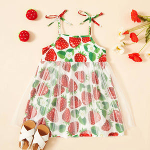 2-piece Toddler Girl Strawberry Mesh Splice Strap Dress