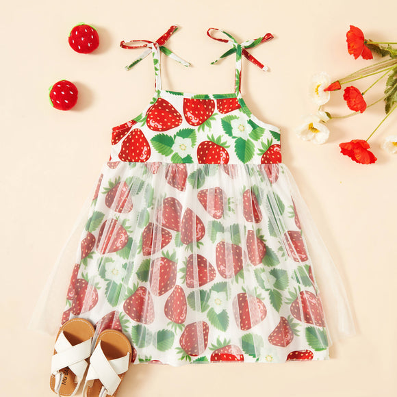 2-piece Toddler Girl Strawberry Mesh Splice Strap Dress