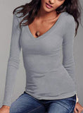 Women's Deep V Neck Liong Sleeve Shirt - vmlfashion-com