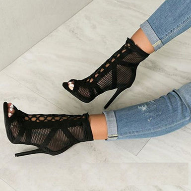 Ankle Boot with Stiletto Heels Mesh Cutout Front Open Toe Side Lace - vmlfashion-com