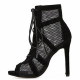 Ankle Boot with Stiletto Heels Mesh Cutout Front Open Toe Side Lace - vmlfashion-com