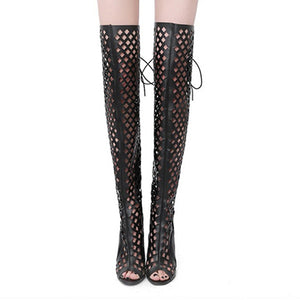 Women's Open Toes Mesh Fronts Stiletto Over The Knee Boots With Heels - vmlfashion-com