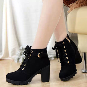 Women's Thick Tread Boots Block style Heels lace Up Buckle style - vmlfashion-com