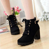 Women's Thick Tread Boots Block style Heels lace Up Buckle style - vmlfashion-com