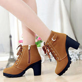 Women's Thick Tread Boots Block style Heels lace Up Buckle style - vmlfashion-com