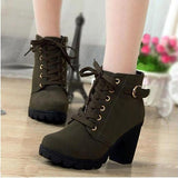 Women's Thick Tread Boots Block style Heels lace Up Buckle style - vmlfashion-com