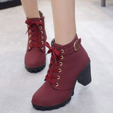 Women's Thick Tread Boots Block style Heels lace Up Buckle style - vmlfashion-com