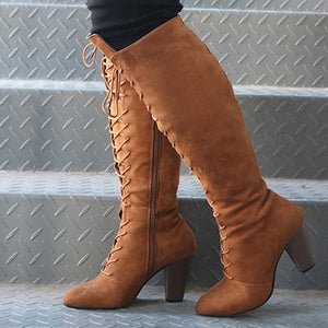 Women's Chunky Heeled Boots Zipper Side Front Lace Up - vmlfashion-com