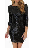 Women Black Sequined Mid Length Sleeves Short Hem Tight Fit Dress - vmlfashion-com