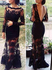 Women's Long Sleeve Lace Black V Back Semi Sheer Dress - vmlfashion-com