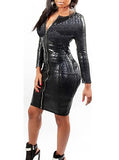 Women Black / Snake Skin Look / Long Sleeve / Zipped Front Dress - vmlfashion-com