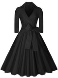 Women's Casual Vintage Swing Dress Half Sleeve Bow Belt Midi Dress - vmlfashion-com