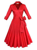 Women's Casual Vintage Swing Dress Half Sleeve Bow Belt Midi Dress - vmlfashion-com